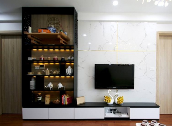 Phòng khách ấn tượng với kệ tivi làm từ tấm ván nhựa/ gỗ nhựa composite