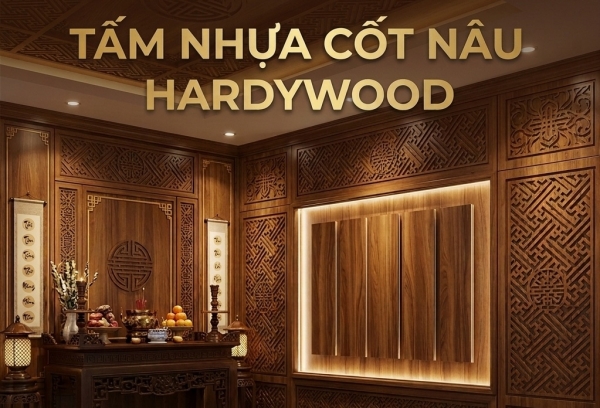 Tấm nhựa cốt nâu phủ PVC vân gỗ HardyWood 17mm – Giải pháp hoàn hảo cho vách phòng thờ CNC sang trọng